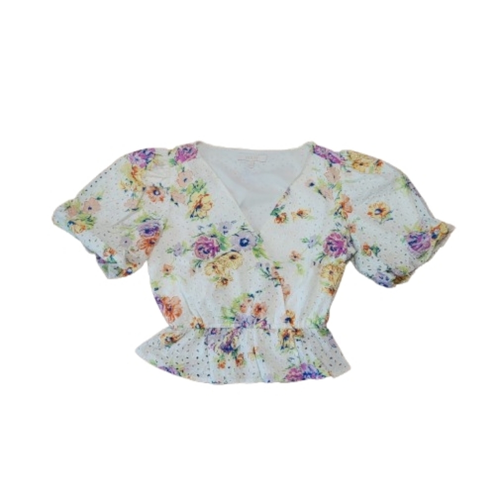 Wayf Floral Eyelet Blouse Top Shirt Puff Sleeve Wrap Style Feminine Women's Smal